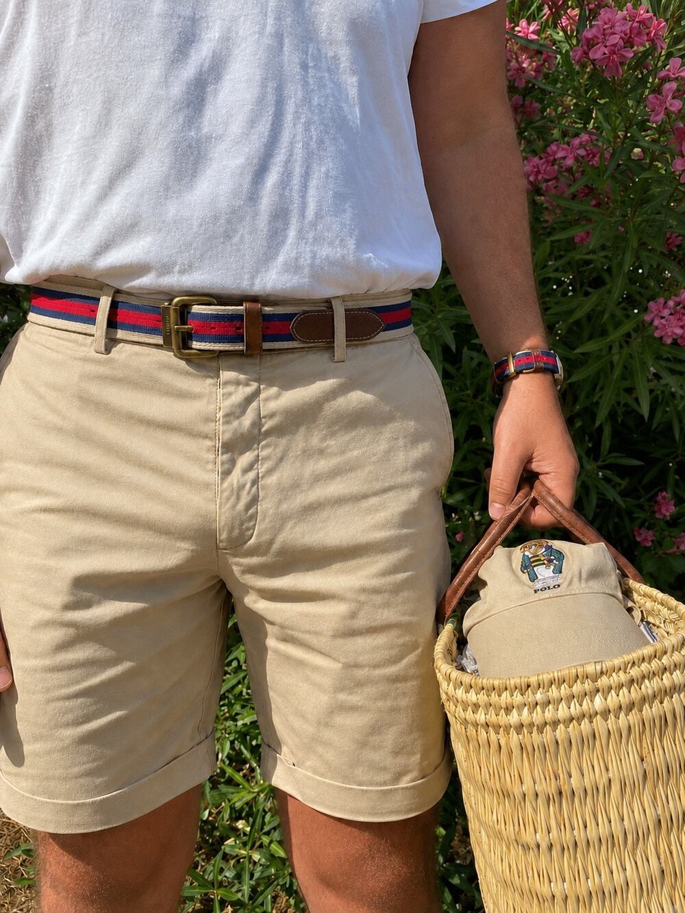 Vintage Tommy Hilfiger Reversible Khaki Stripe Web Belt Y2K Leather Brass Mens
